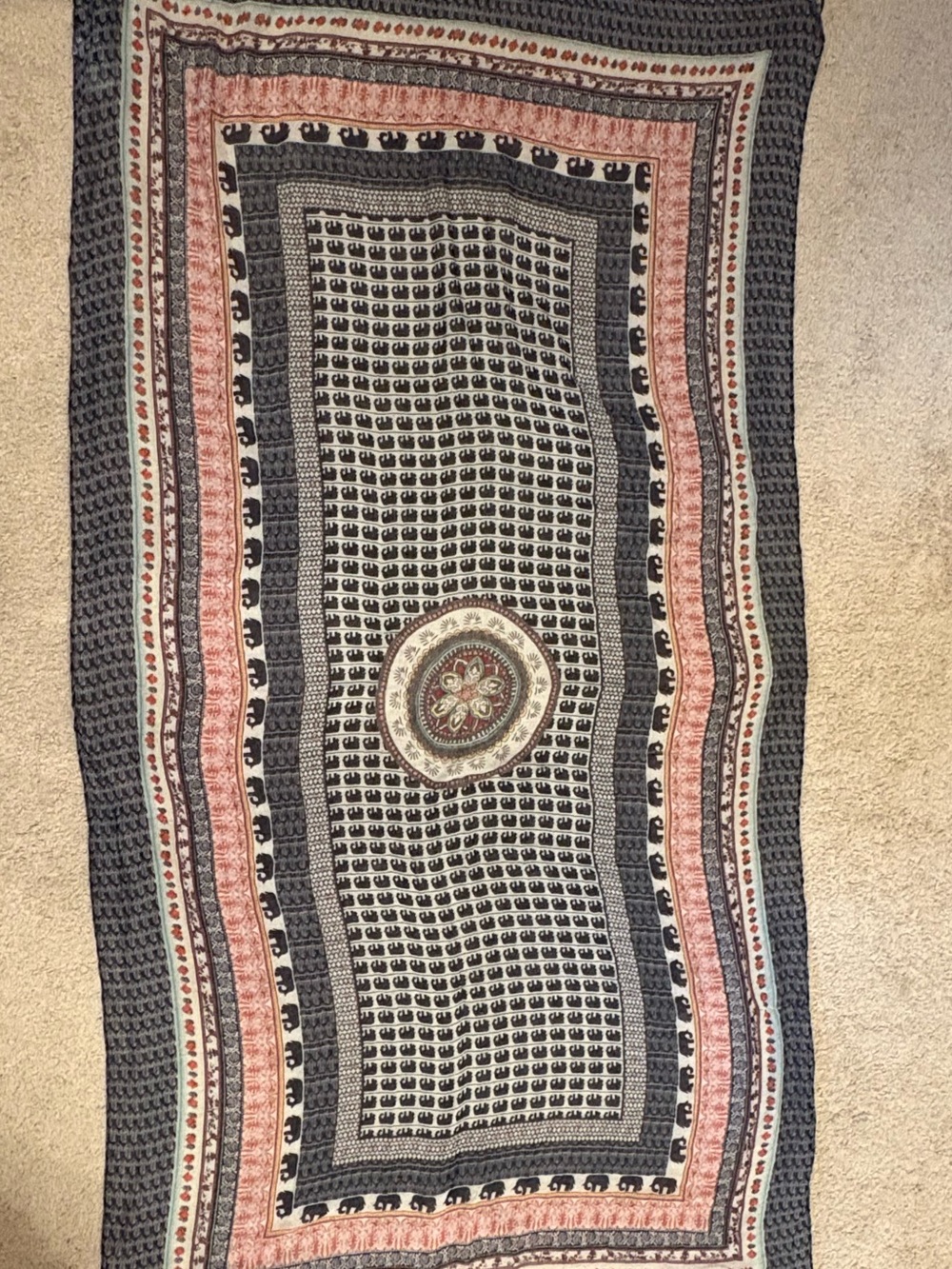 Bohemian Elephant Print Wall Tapestry /Scarf iBlack, Cream & Coral